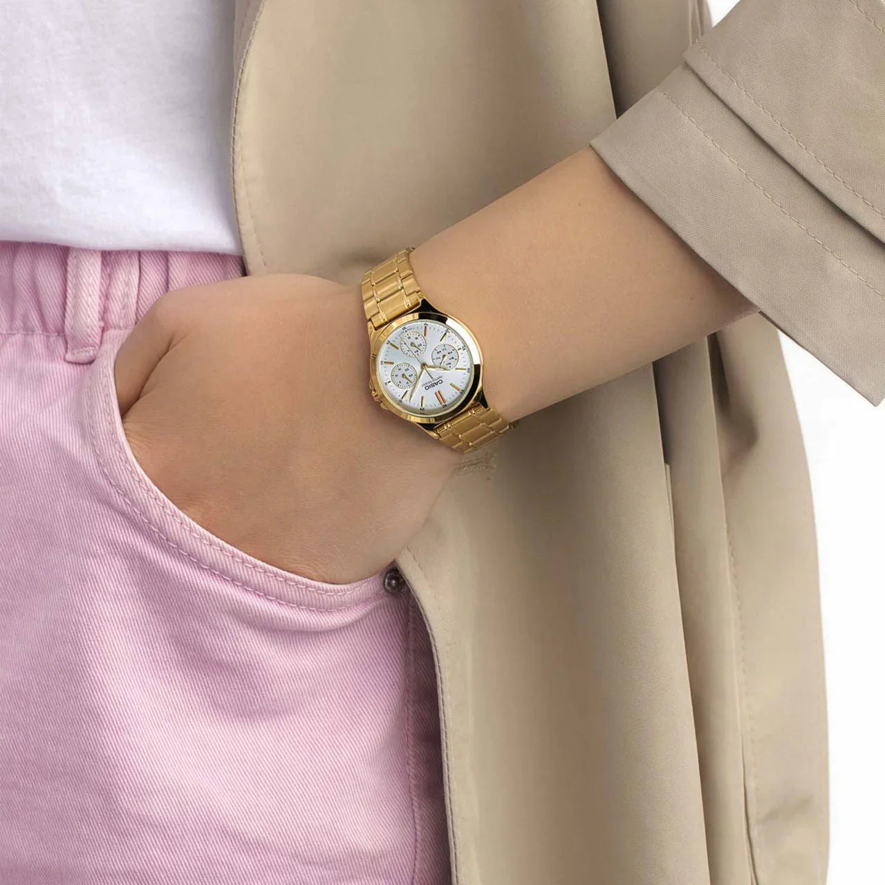 CASIO LTP-V300G-7A GOLDEN STEEL BAND SILVER DIAL FOR WOMEN