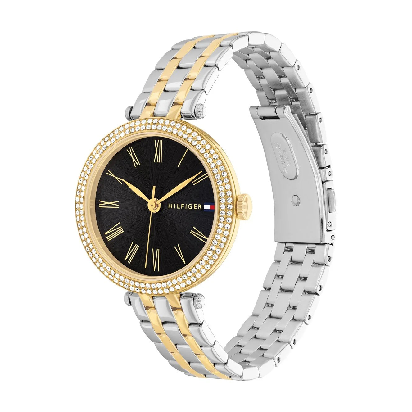 TOMMY HILFIGER '1782720 SILVER AND GOLD STEEL BAND BLACK DIAL FOR WOMEN
