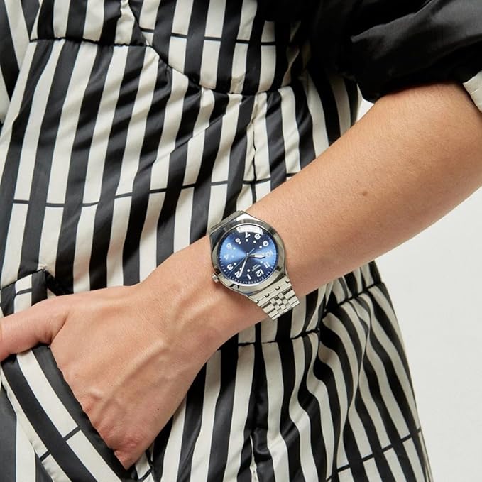 SWATCH YWS436GC SILVER STEEL BAND NAVY BLUE DIAL FOR MEN