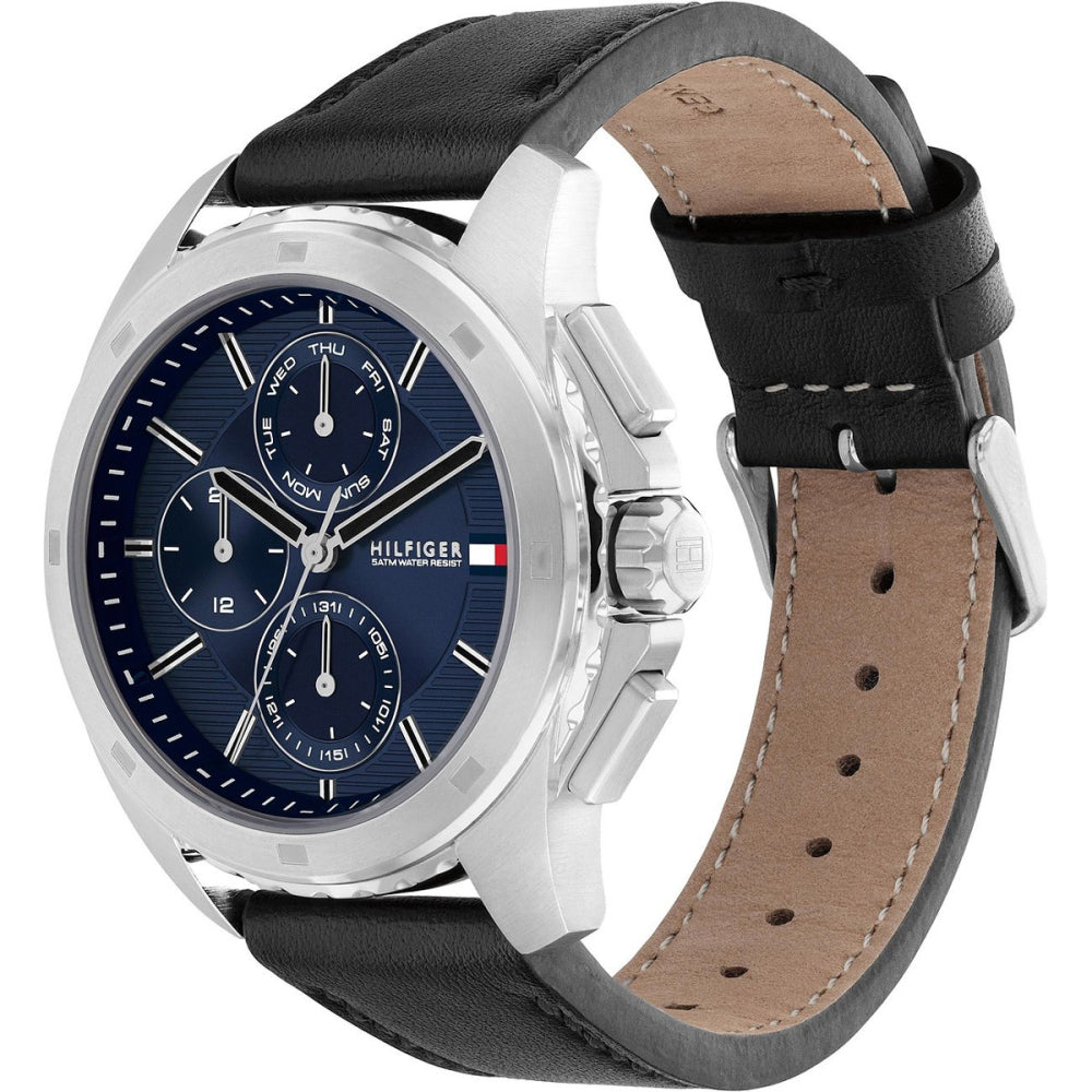 TOMMY HILFIGER '1710619 BLACK LEATHER BAND NAVY BLUE DIAL FOR MEN
