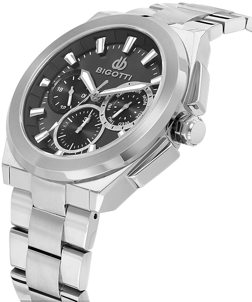 BIGOTTI BG.1.10627-2 SILVER STEEL BAND BLACK DIAL FOR MEN