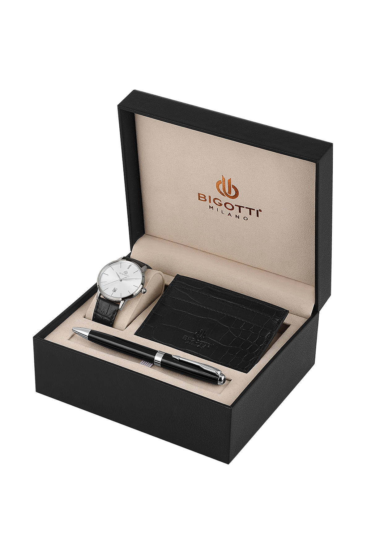 BIGOTTI BG.1.10651-1 BLACK LEATHER BAND SILVER DIAL FOR MEN