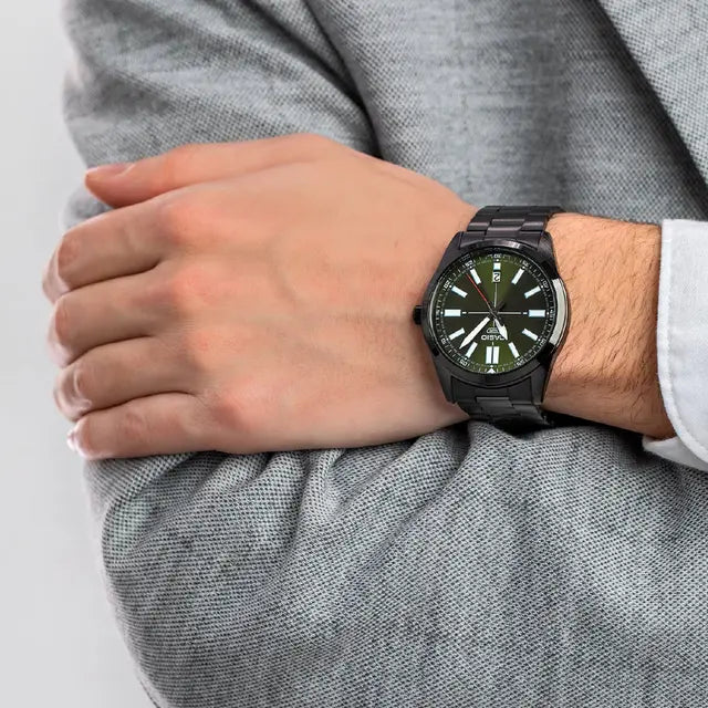 CASIO MTP-VD02B-3E BLACK STEEL BAND GREEN DIAL FOR MEN
