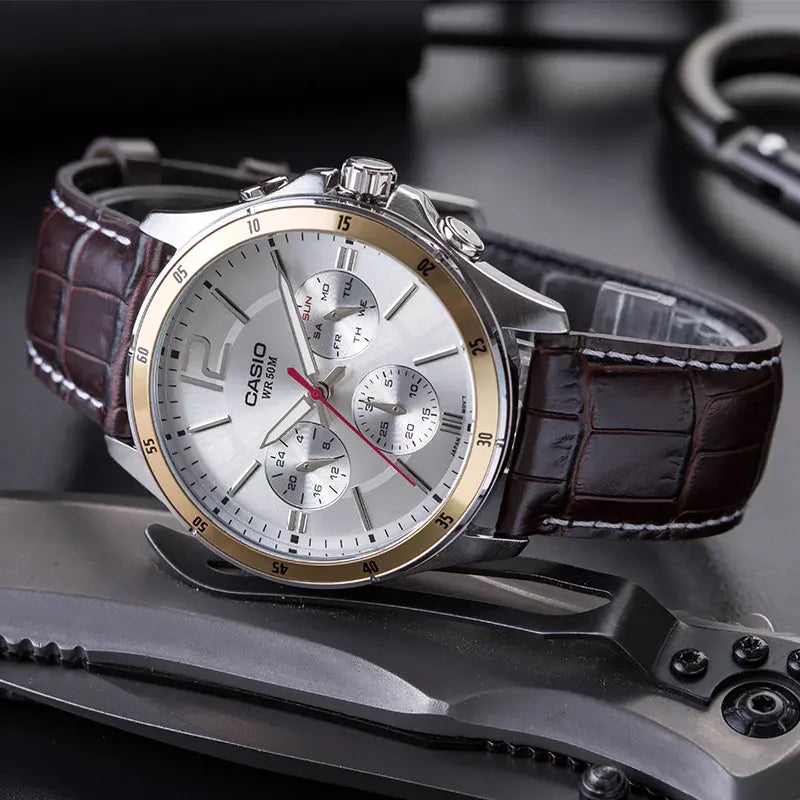 CASIO MTP-1374L-7A BROWN LEATHER BAND SILVER DIAL FOR MEN