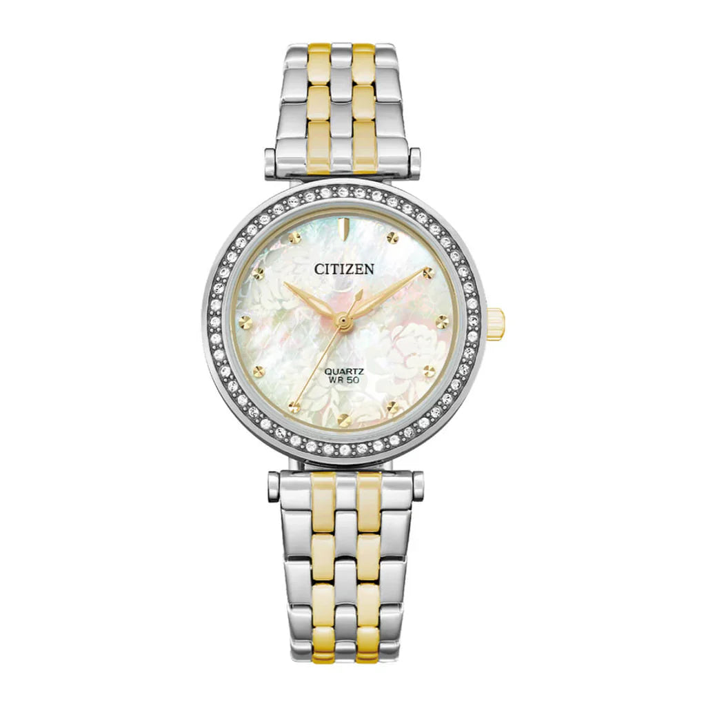 CITIZEN ER0214-54D SILVER AND GOLD STEEL BAND WHITE DIAL FOR WOMEN