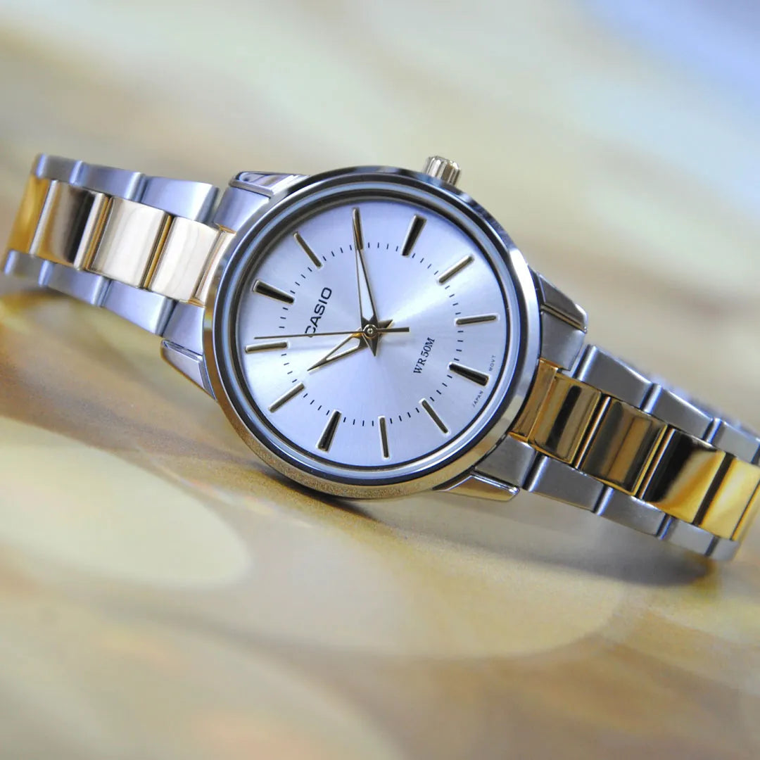 CASIO LTP-1303SG-7A SILVER AND GOLD STEEL BAND SILVER DIAL FOR WOMEN