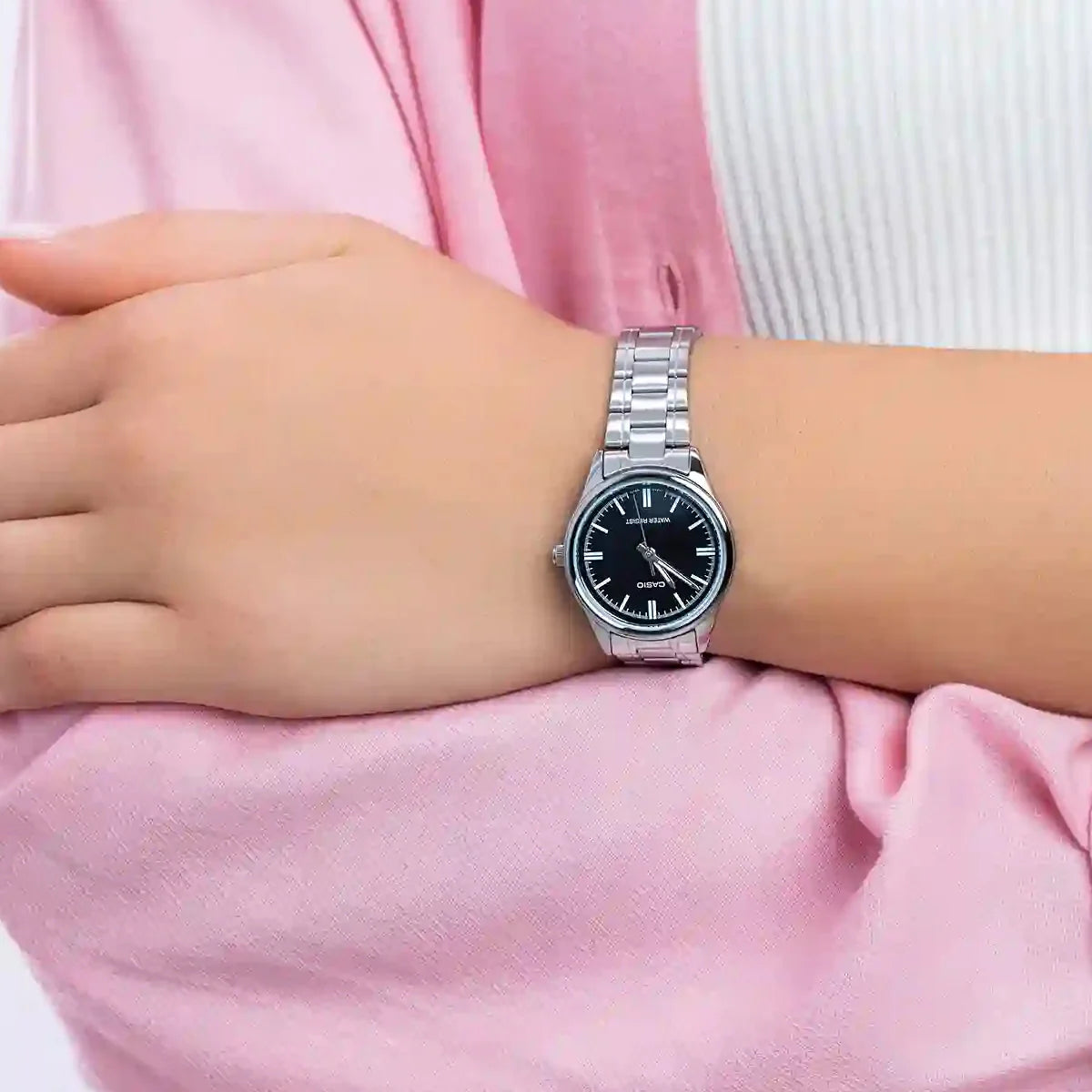 CASIO LTP-V005D-1A SILVER STEEL BAND BLACK DIAL FOR WOMEN