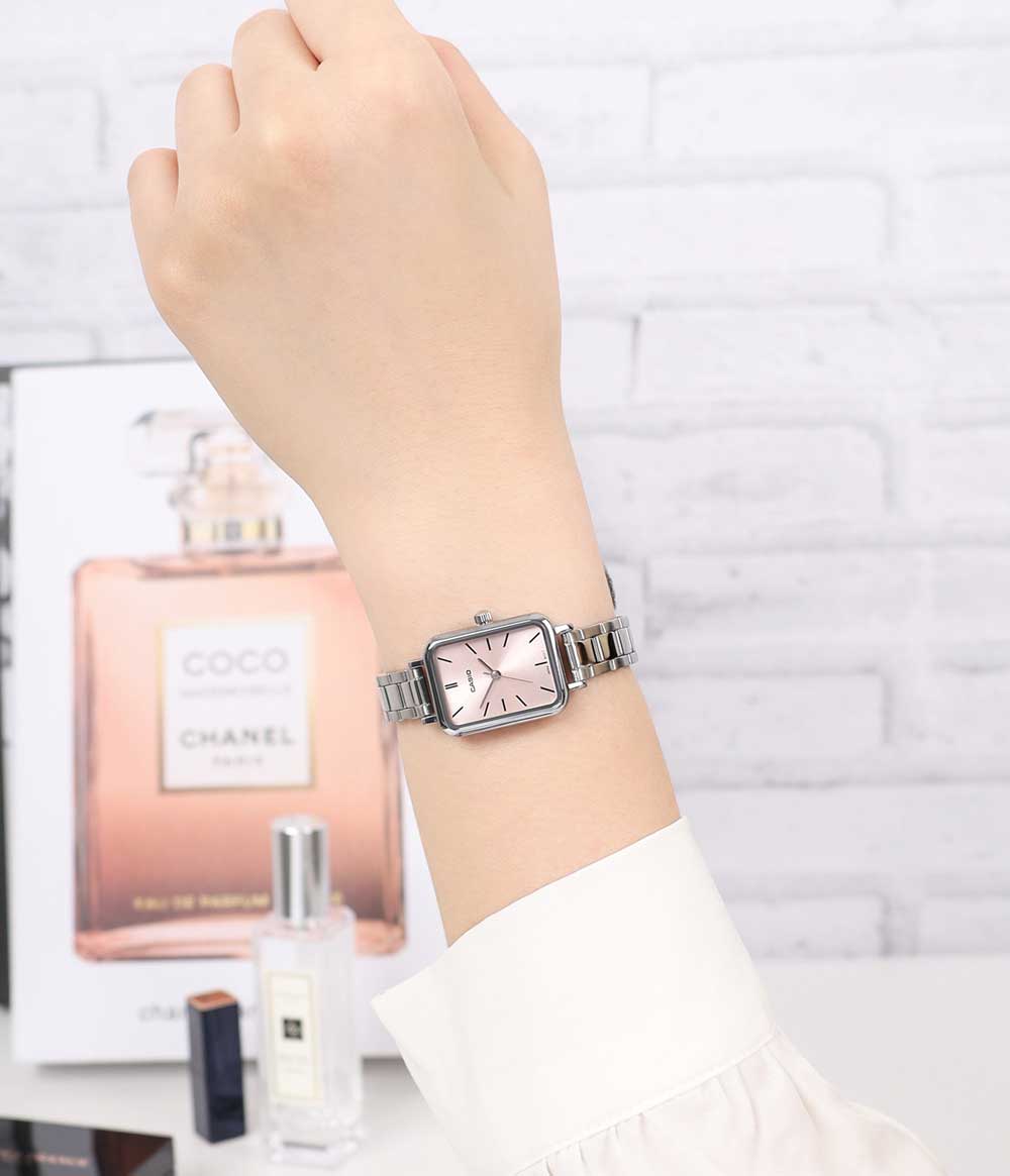 Casio LTP-V009D-4E Women's Rectangular Petite Stainless Steel Pink Dial Dress Watch