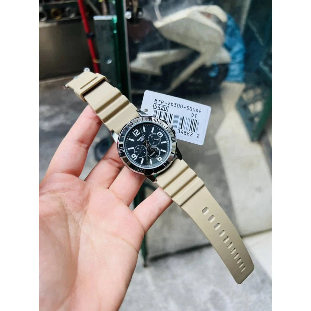 CASIO MTP-VD300-5B BEIGE RUBBER BAND BLACK DIAL FOR MEN