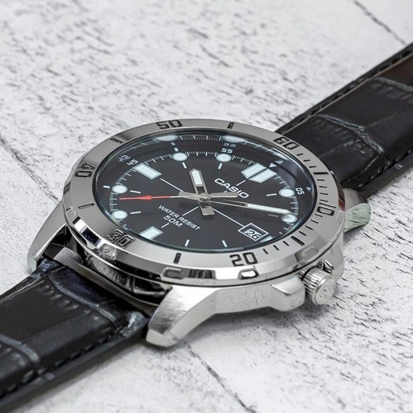 Casio Analog With Date Black Leather Black Dial for Men