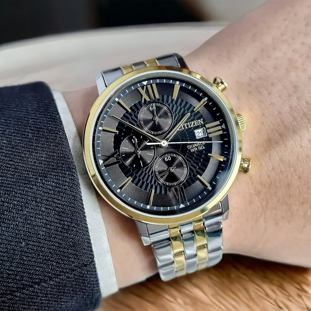 CITIZEN AN3616-75E SILVER AND GOLD STEEL BAND BLACK DIAL FOR MEN