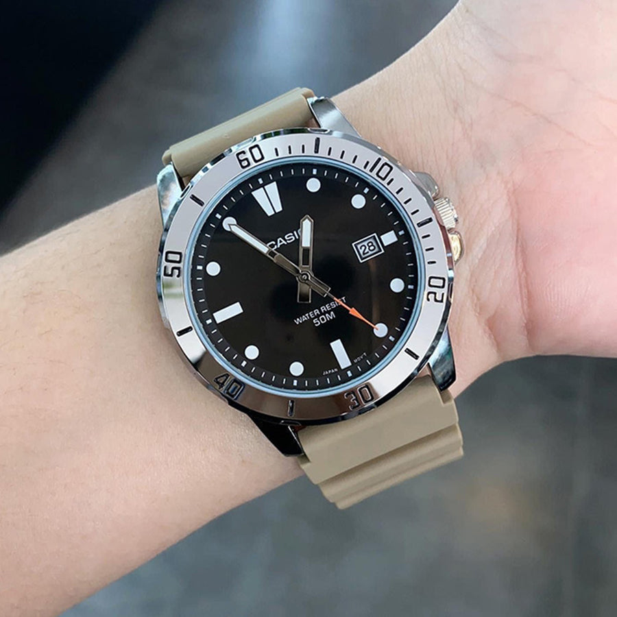 Casio MTP-VD01-5E Beige Resin Black Dial Analog Quartz Sporty Men's Casual Watch