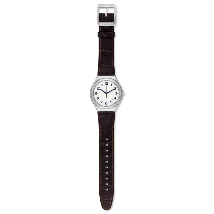 SWATCH YWS416 BROWN LEATHER BAND WHITE DIAL FOR MEN
