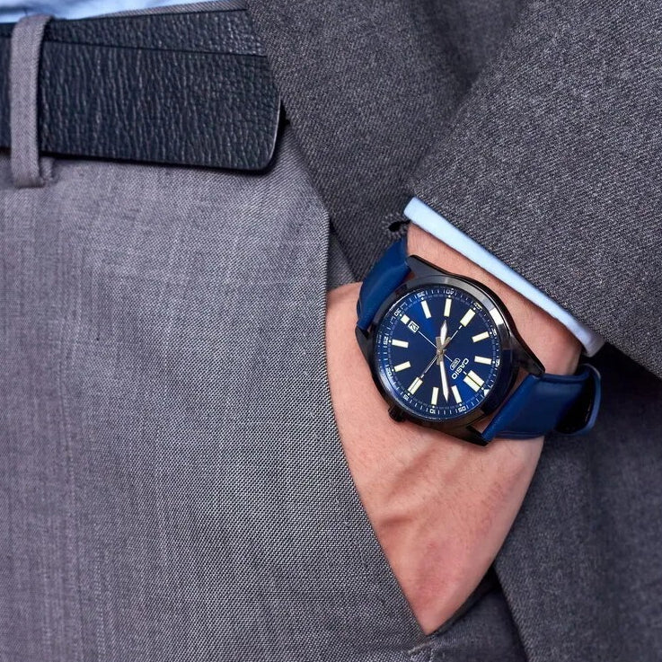 Casio MTP-VD02BL-2E Men's Black IP Blue Dial Leather Band 3-Hand Analog