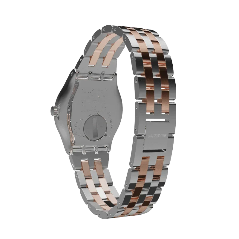 SWATCH YLS454GC STEEL SILVER AND ROSE GOLD BAND WHITE DIAL FOR WOMEN