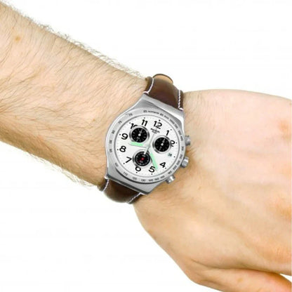 SWATCH YVS432 BROWN LEATHER BAND WHITE DIAL FOR MEN