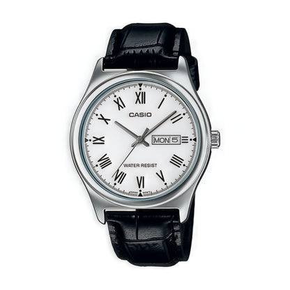 CASIO  MTP-V006L-7B BLACK LEATHER BAND WHITE DIAL  FOR MEN