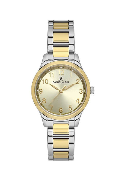 DANIEL KLEIN  DK.1.13497-3 SILVER AND GOLD STEEL BAND GOLDEN DIAL  FOR WOMEN