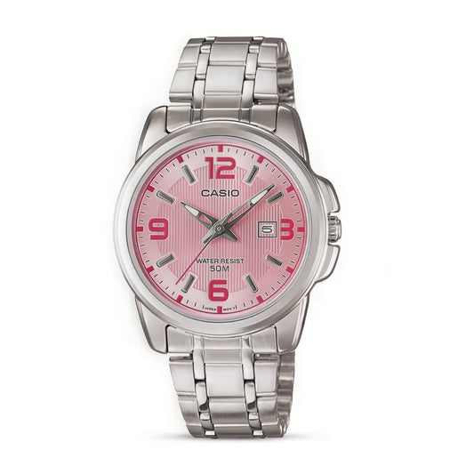 CASIO  LTP-1314D-5A SILVER STEEL BAND PINK DIAL  FOR WOMEN