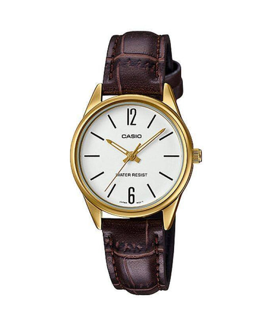 Casio Simple Brown Leather White Dial For Women LTP-V005GL-7B