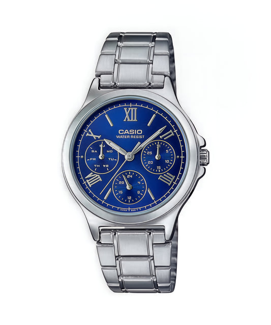 CASIO  LTP-V300D-2A2 SILVER STEEL BAND NAVY BLUE DIAL  FOR WOMEN