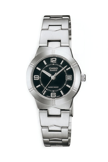 CASIO  LTP-1241D-1A SILVER STEEL BAND BLACK DIAL  FOR WOMEN