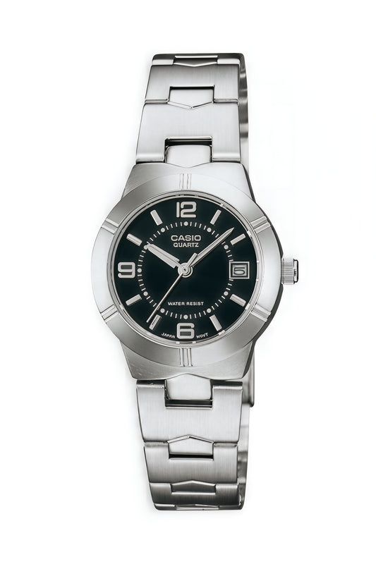 CASIO  LTP-1241D-1A SILVER STEEL BAND BLACK DIAL  FOR WOMEN