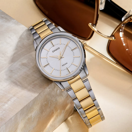 CASIO  LTP-1303SG-7A SILVER AND GOLD STEEL BAND SILVER DIAL  FOR WOMEN