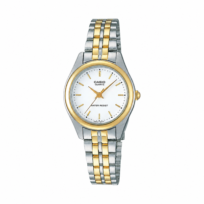 CASIO  LTP-1129G-7A SILVER AND GOLD STEEL BAND WHITE DIAL  FOR WOMEN