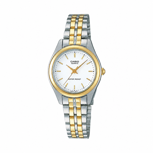 CASIO  LTP-1129G-7A SILVER AND GOLD STEEL BAND WHITE DIAL  FOR WOMEN