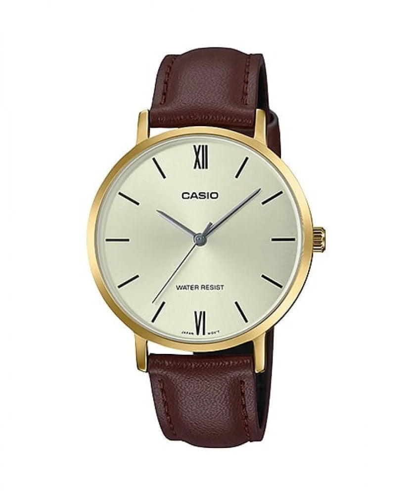 Casio LTP-VT01GL-9B Women's Minimalistic Gold Tone Brown Leather Band