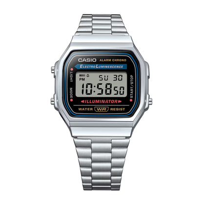 CASIO  A168WA-1W SILVER STEEL BAND BLACK DIAL  FOR MEN