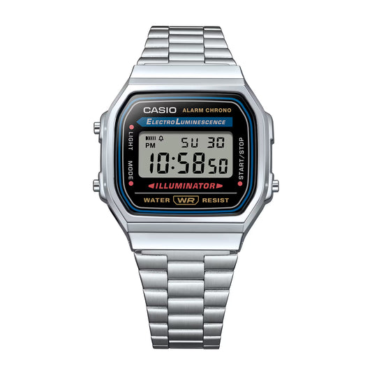 CASIO  A168WA-1W SILVER STEEL BAND BLACK DIAL  FOR MEN