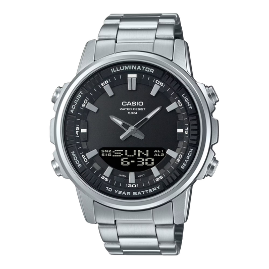 CASIO  AMW-880D-1A SILVER STEEL BAND BLACK DIAL  FOR MEN