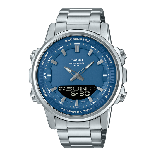 CASIO  AMW-880D-2A1 SILVER STEEL BAND NAVY BLUE DIAL  FOR MEN