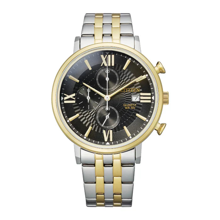 CITIZEN AN3616-75E SILVER AND GOLD STEEL BAND BLACK DIAL  FOR MEN