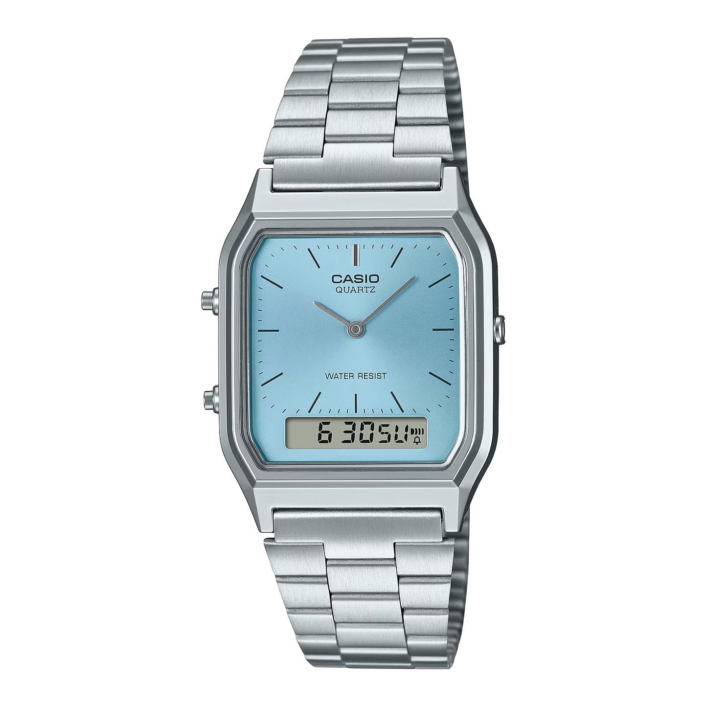 CASIO AQ-230A-2A1 SILVER STEEL BAND BABY BLUE DIAL FOR MEN