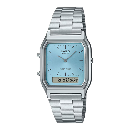 CASIO AQ-230A-2A1 SILVER STEEL BAND BABY BLUE DIAL FOR MEN