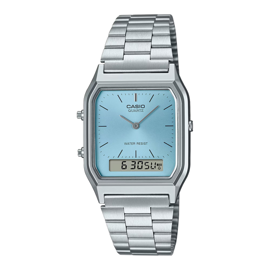 CASIO AQ-230A-2A1 SILVER STEEL BAND BABY BLUE DIAL FOR MEN