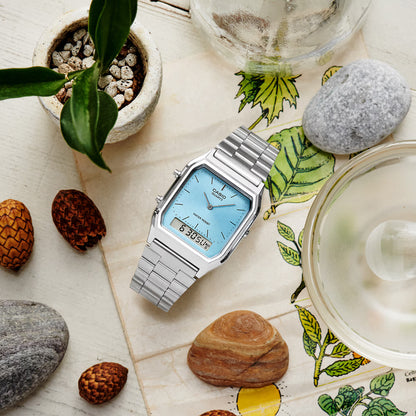 CASIO AQ-230A-2A1 SILVER STEEL BAND BABY BLUE DIAL FOR MEN