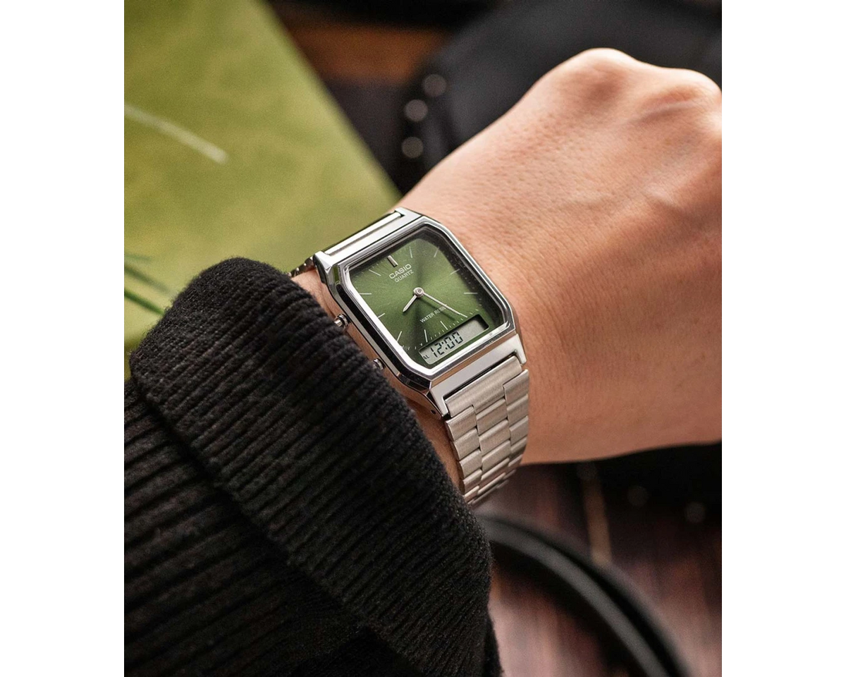 CASIO  AQ-230A-3A SILVER STEEL BAND GREEN DIAL  FOR MEN