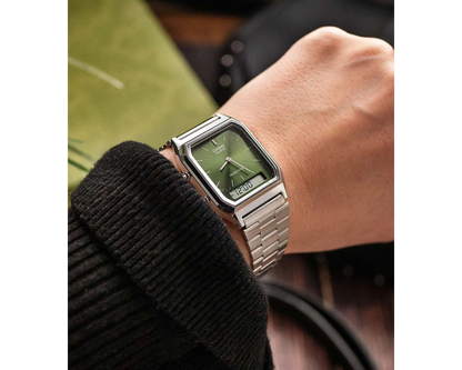 CASIO  AQ-230A-3A SILVER STEEL BAND GREEN DIAL  FOR MEN