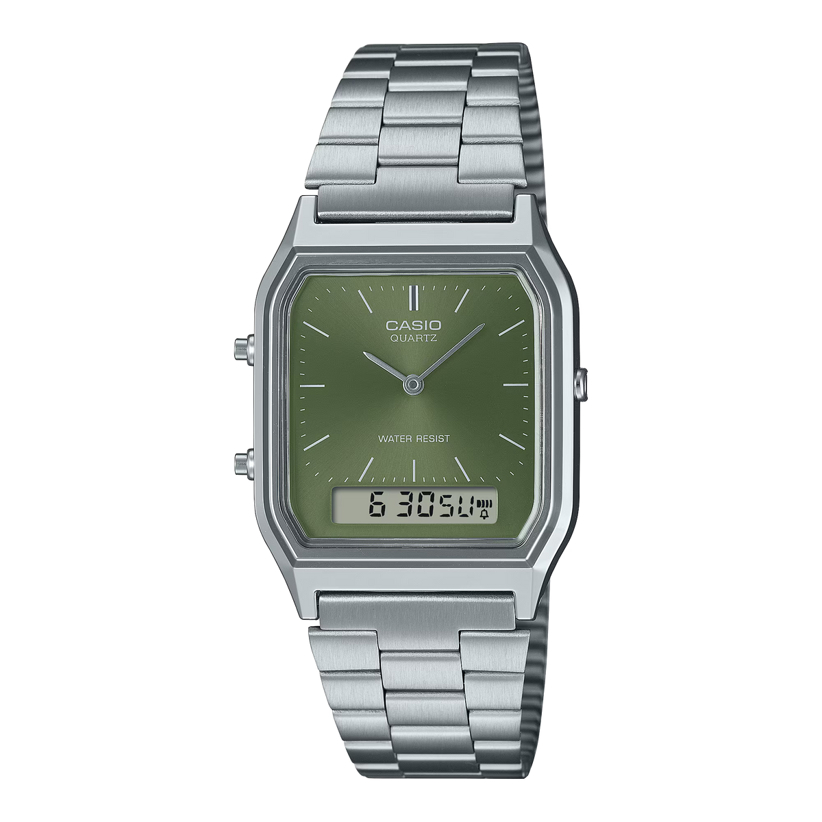 CASIO  AQ-230A-3A SILVER STEEL BAND GREEN DIAL  FOR MEN