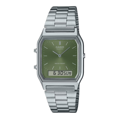 CASIO  AQ-230A-3A SILVER STEEL BAND GREEN DIAL  FOR MEN