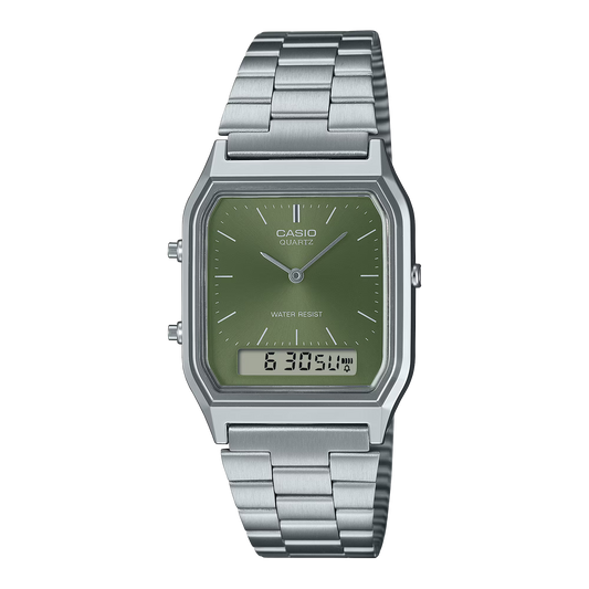 CASIO  AQ-230A-3A SILVER STEEL BAND GREEN DIAL  FOR MEN