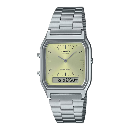 CASIO AQ-230A-9A GOLDEN DIAL STEEL SILVER STRAP UNISEX