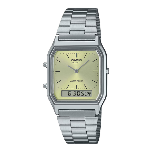 CASIO AQ-230A-9A GOLDEN DIAL STEEL SILVER STRAP UNISEX