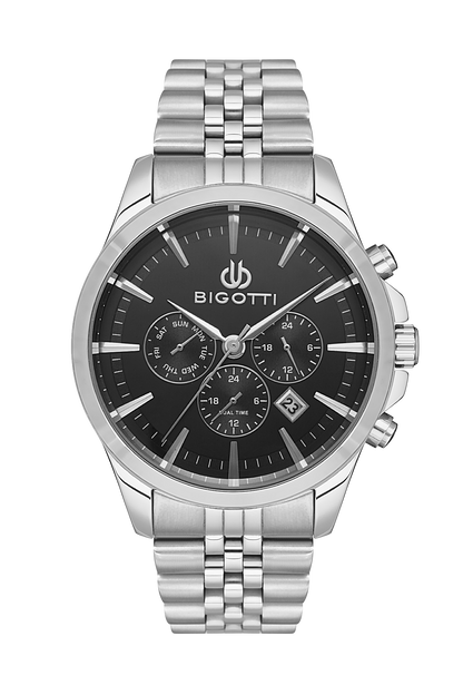 BIGOTTI BG.1.10468-2 SILVER STEEL BAND BLACK DIAL FOR MEN