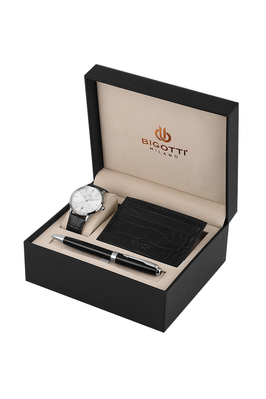BIGOTTI BG.1.10651-1 BLACK LEATHER BAND SILVER DIAL  FOR MEN