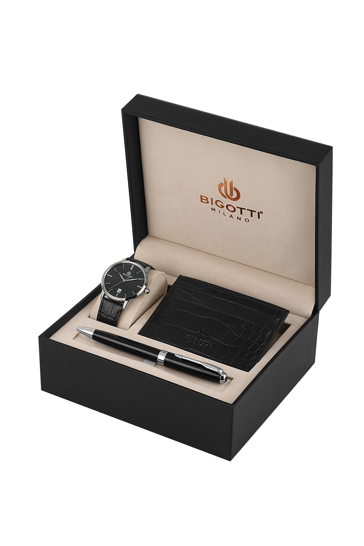 BIGOTTI BG.1.10651-2 SILVER LEATHER BAND BLACK DIAL  FOR MEN